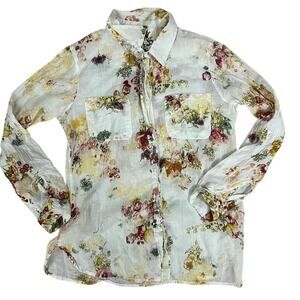 JAK Vintage Floral Button Front Shirt Blouse White Floral Women Size Medium